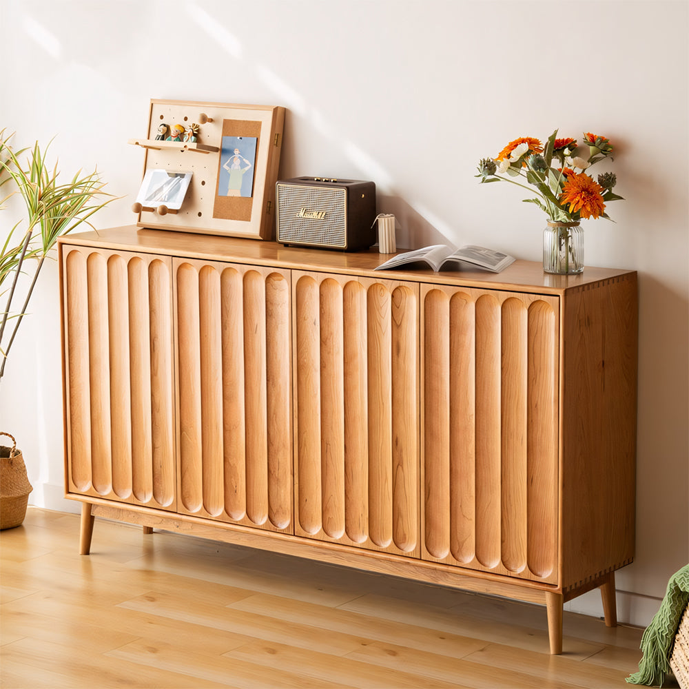 62.9" Modern Solid Wood Shoe Cabinet with Fluted Front Panels Scandinavian Style Entryway Storage Sideboard
