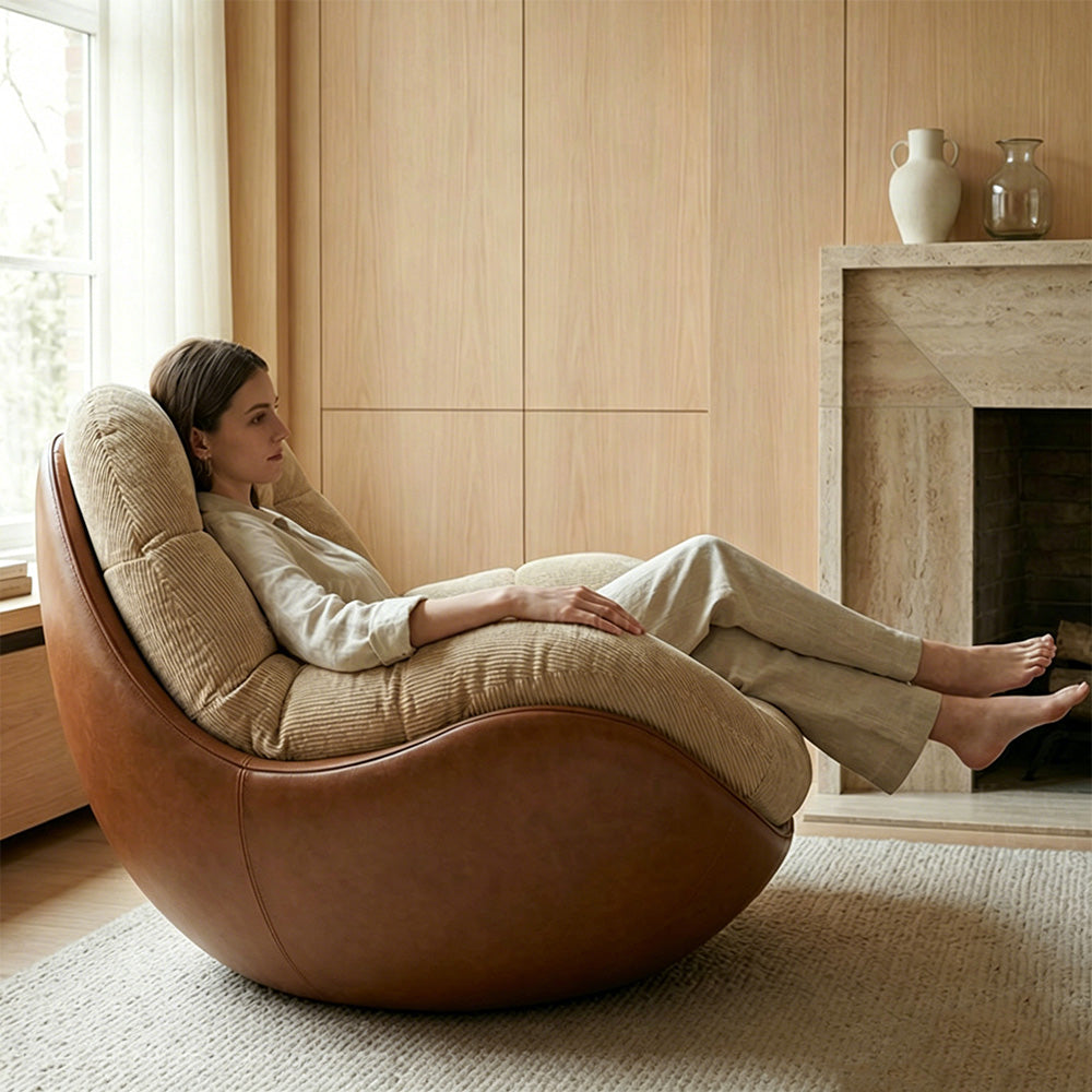Modern Curved Lounge Chair Upholstered Comfort Accent Chair with Leather Base