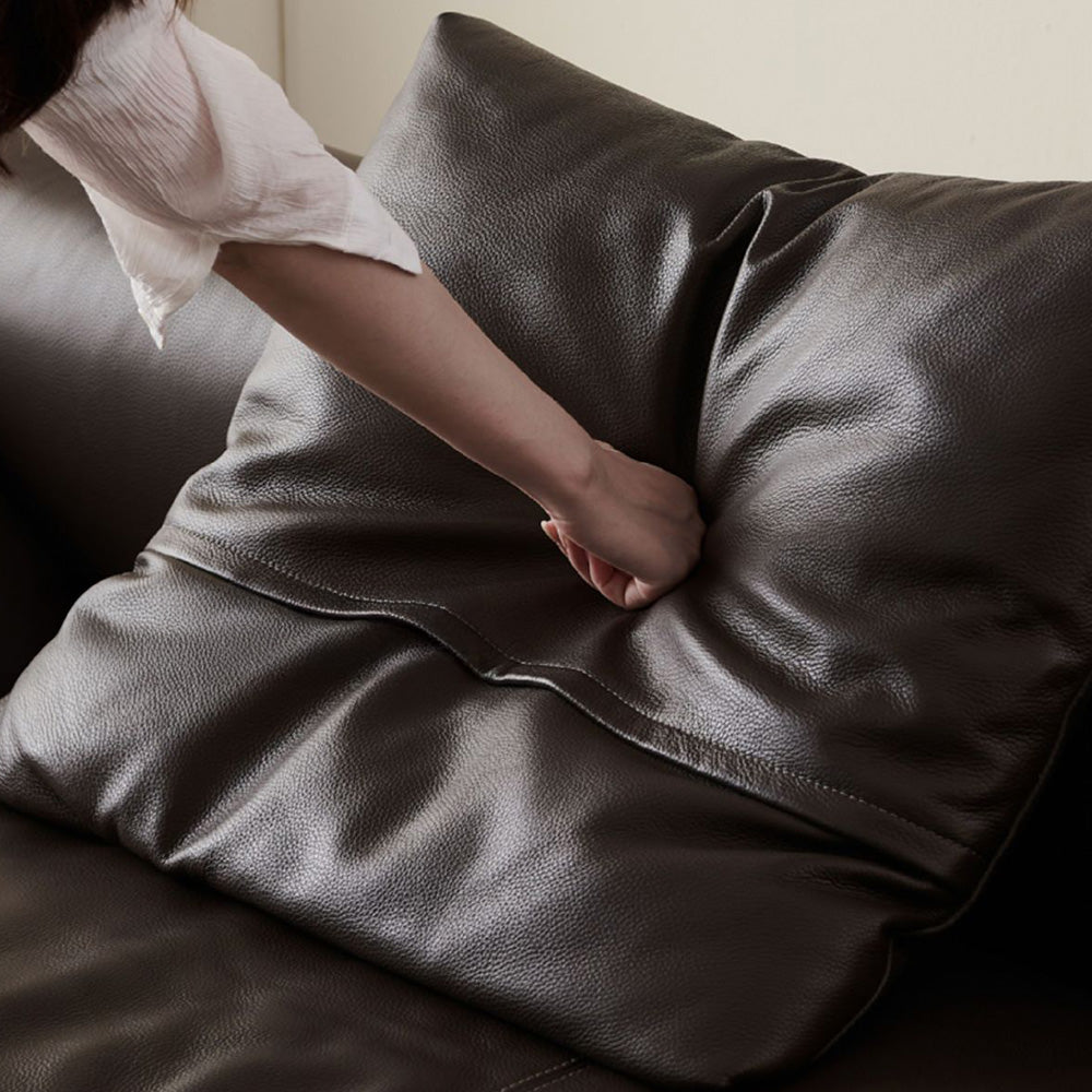 Modern Low-Profile Leather Sofa Deep Brown Upholstery with Wide Armrests & Metal Legs