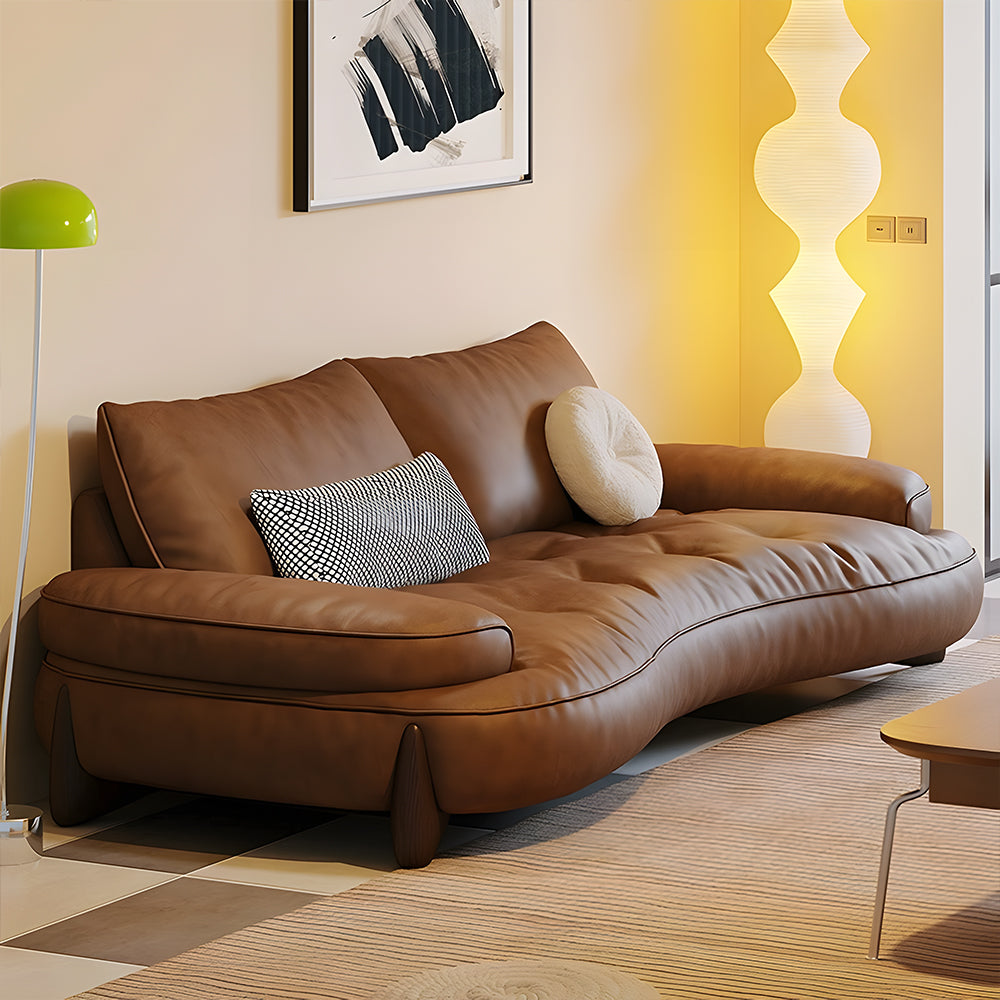 Modern Curved Leather Sofa Camel Upholstery Low Profile Contemporary Lounge Design