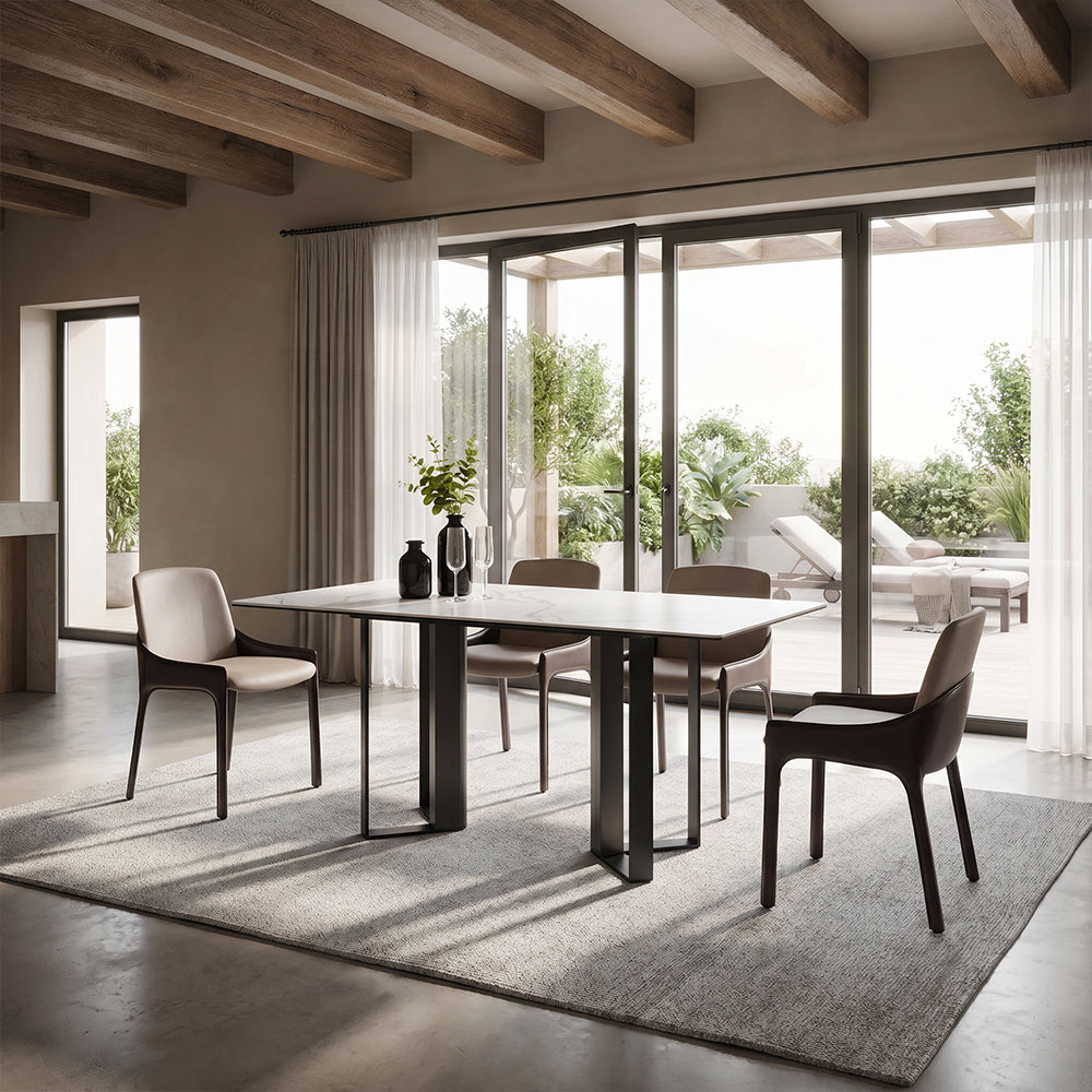 Modern White Sintered Stone Dining Table with Black Geometric Carbon Steel Base