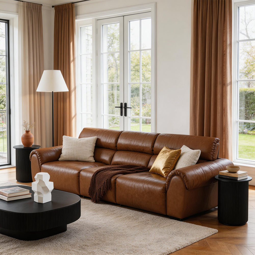 119.2'' Modern Genuine Leather Power Reclining Sofa Remote Control Adjustable Seats Brown Leather Couch