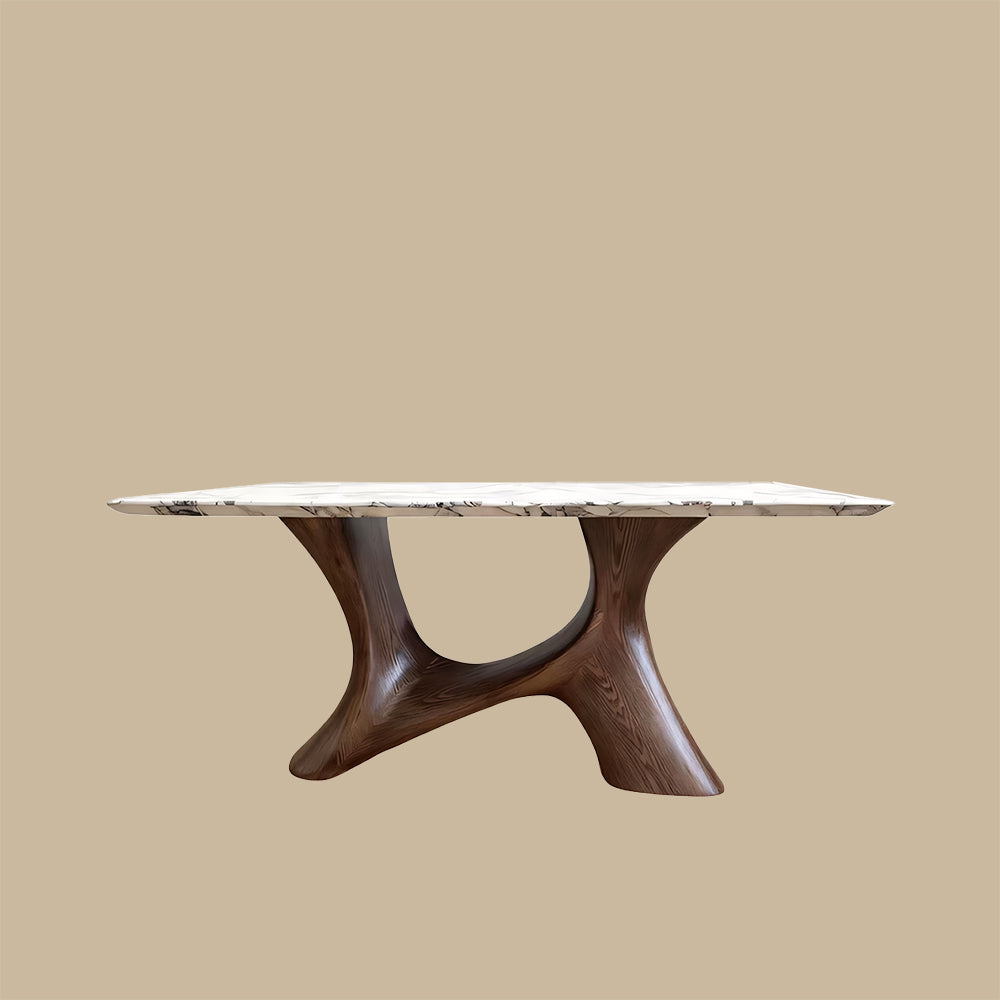 Modern Oval Dining Table with Porcelain Marble Top and Walnut