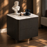 Load image into Gallery viewer, Modern Black Wood Nightstand with Faux Stone Top and Brushed Metal Base
