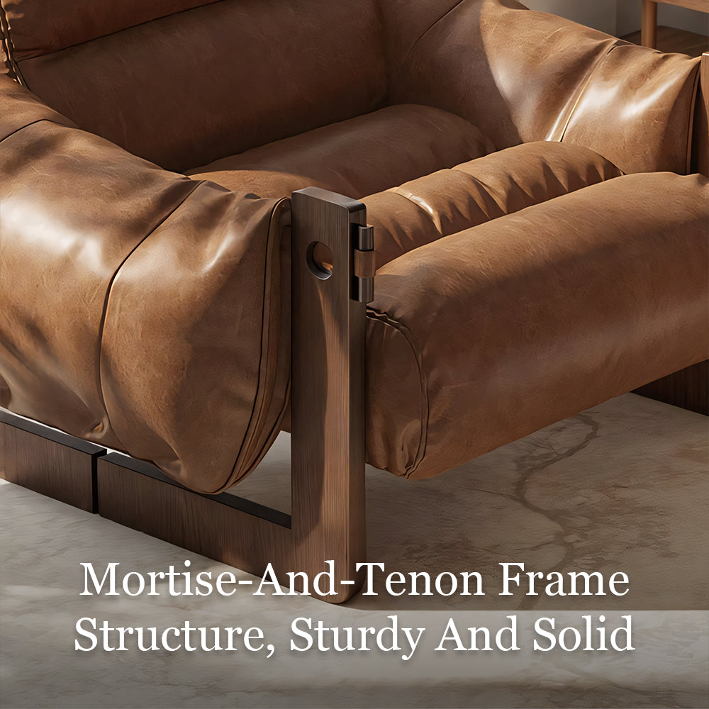 Modern Oil Waxed Leather Lounge Chair Solid Wood Frame Deep Seat Vintage Accent Armchair