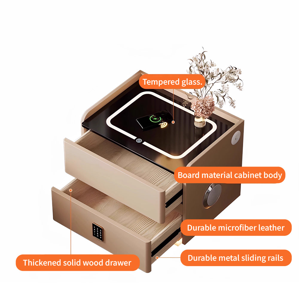 Smart Leather Nightstand with LED Ambience Light Wireless Charging Bluetooth Speaker and Digital Password Lock