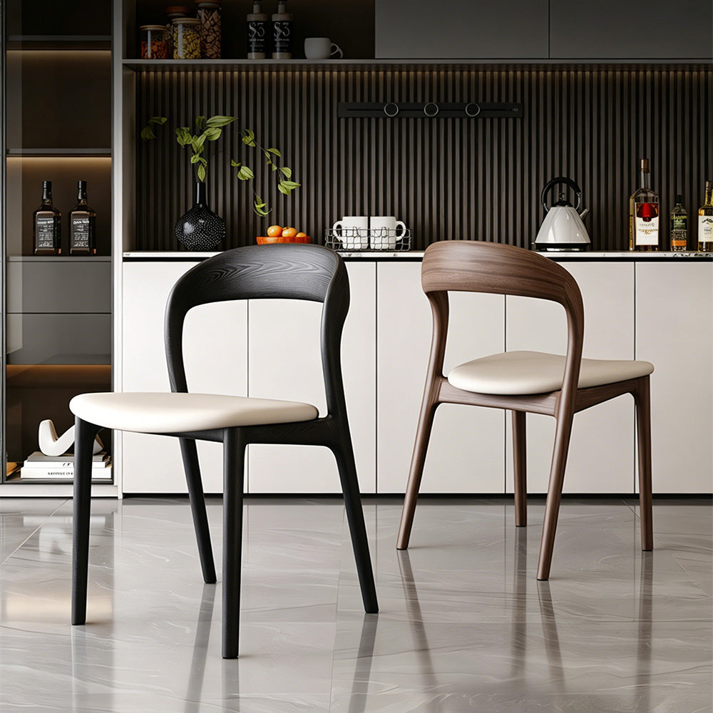 Modern Minimalist Dining Chair Faux Leather Seat Solid Wood Frame Black and Beige Accent Chair 1 Piece