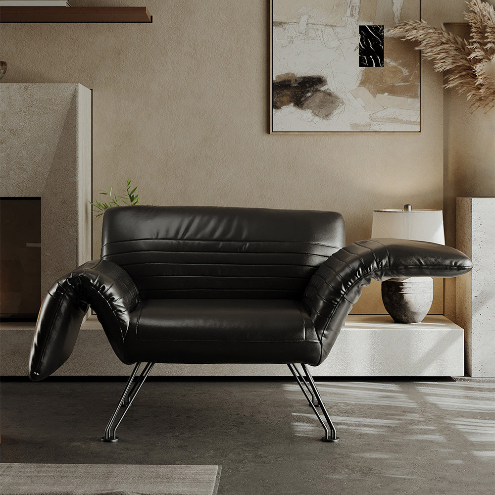 Modern Sculptural Leather Lounge Chair Adjustable Armrest Accent Chair with Metal Legs Contemporary Artistic Seating