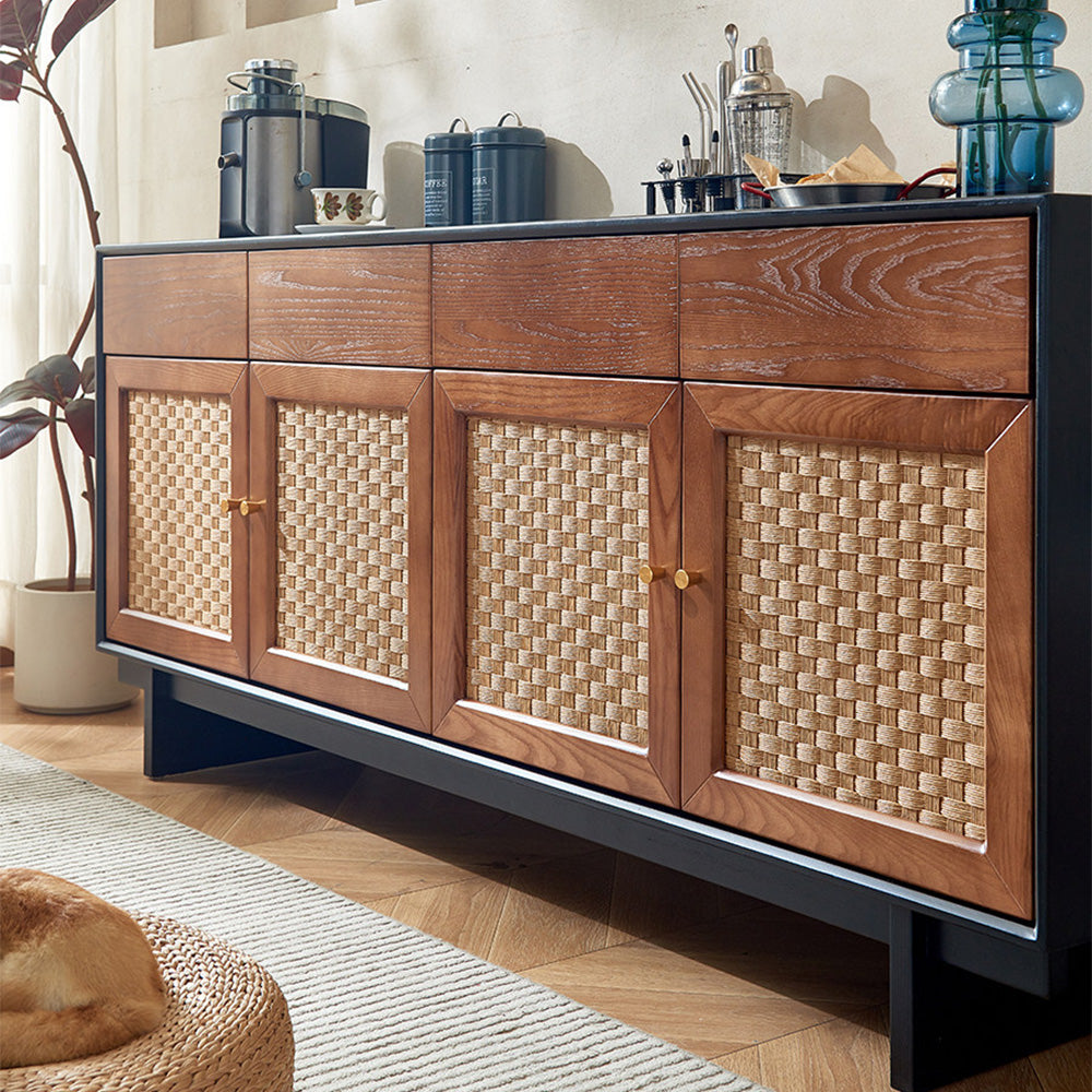 63" Bohemian Style Rattan Door Credenza Sideboard With Storage