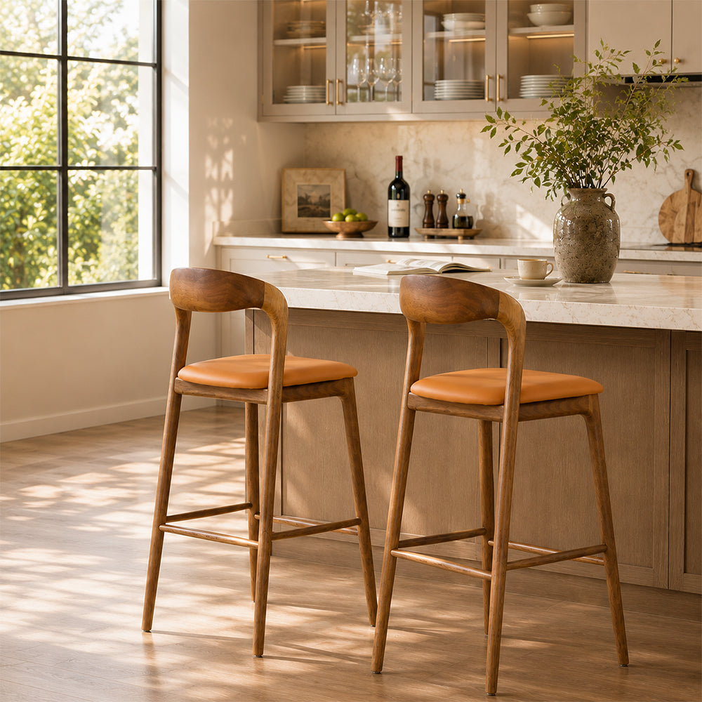 Modern Solid Wood Bar Stool with Curved Backrest Upholstered Counter Chair 1 Piece