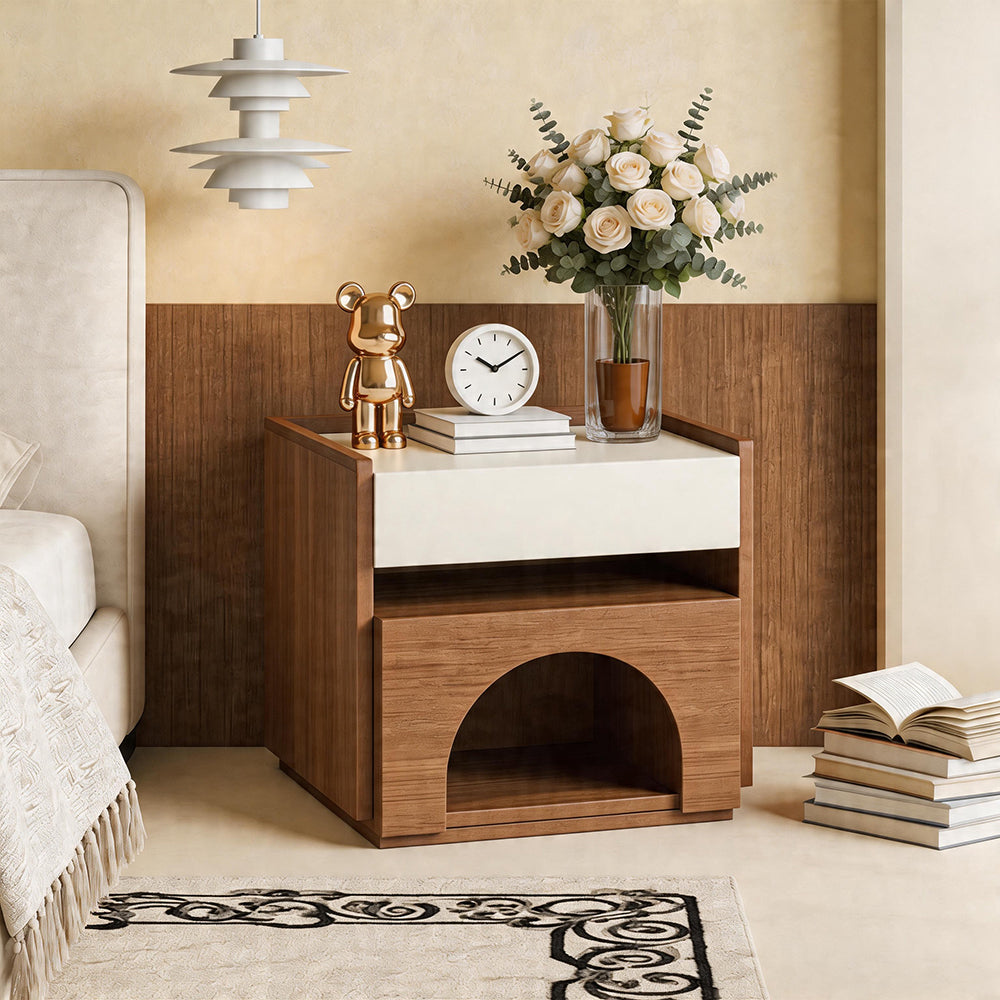 Modern Nightstand with Drawer and Open Shelf Wooden Bedside Table with Built-in Pet House Contemporary Storage Cabinet