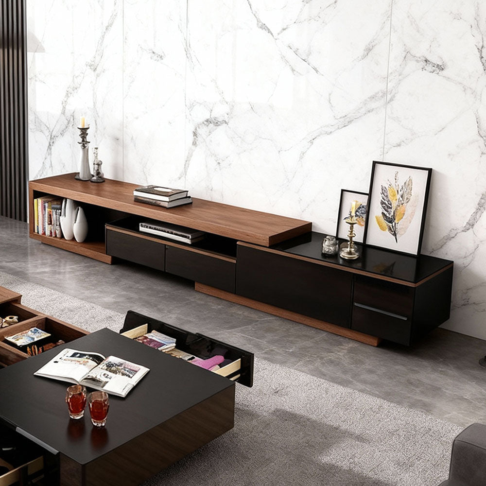 Modern Walnut & Black Extendable Coffee Table Expandable Design with Large-Capacity Storage