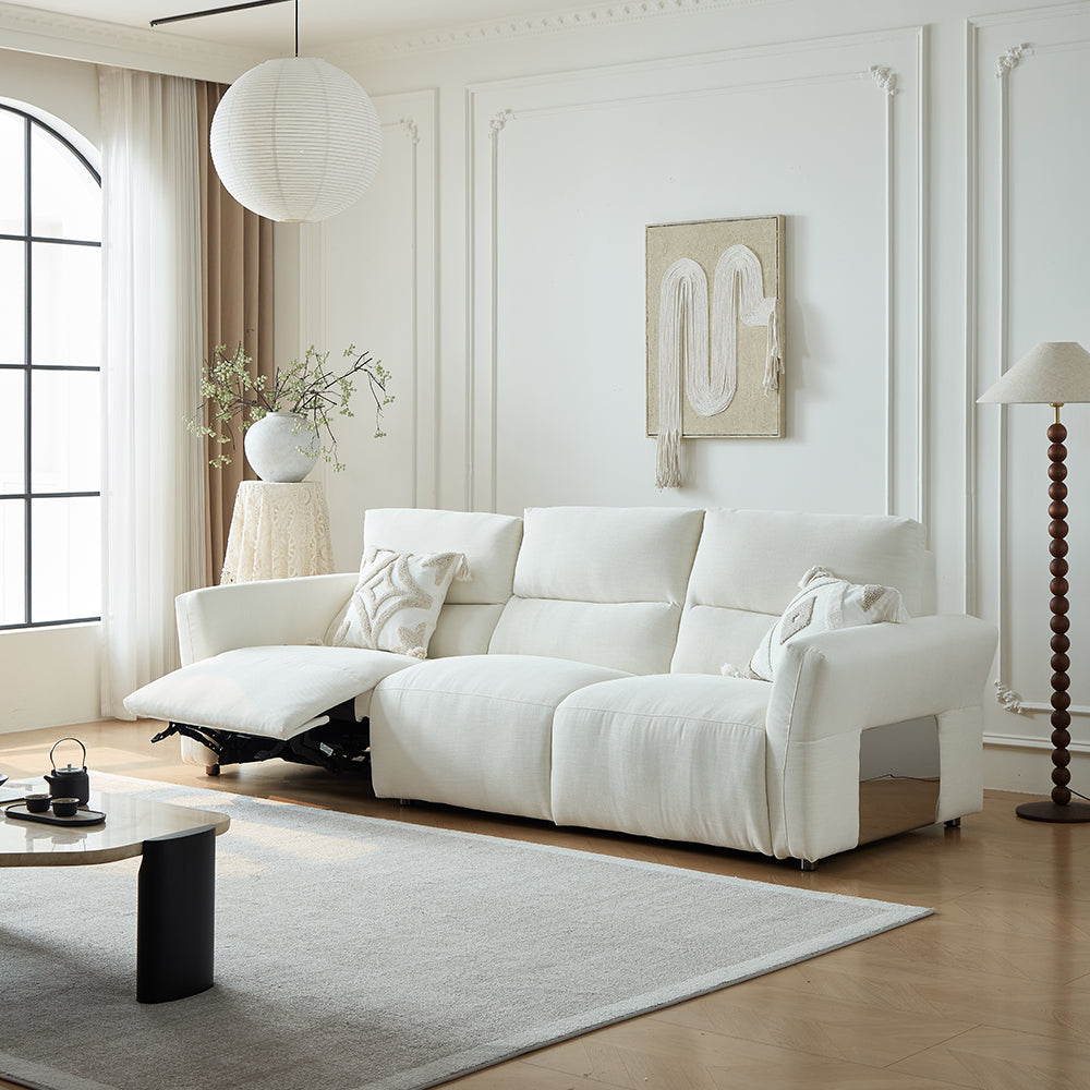 106.2'' Modern Electric Reclining Sofa Cream Fabric Power Sofa with Adjustable Footrest and Wide Armrests