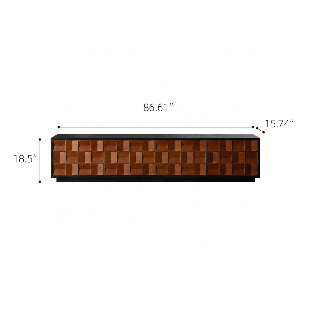 86.6'' Geometric 3D Pattern Walnut TV Stand Cabinet With Drawers
