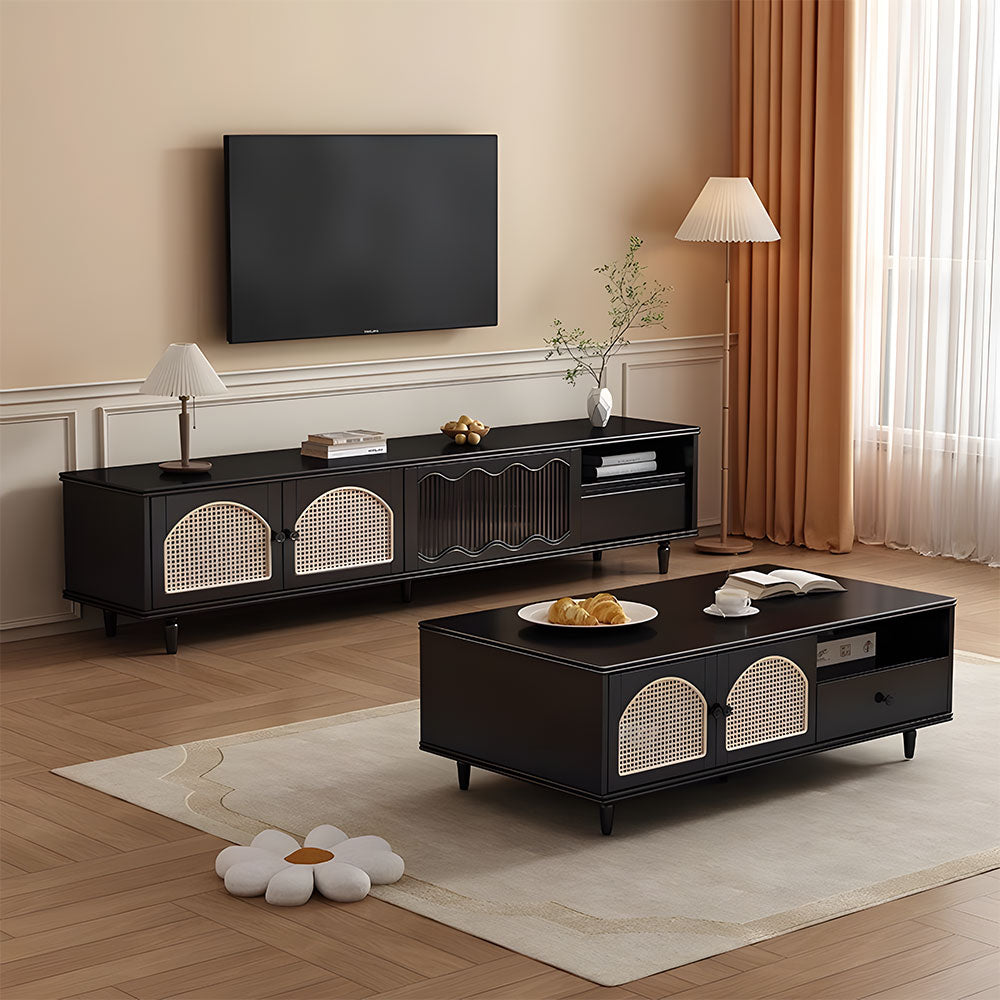 Mid-Century Modern TV Cabinet Cane and Ribbed Glass Design Elegant Wooden Entertainment Center