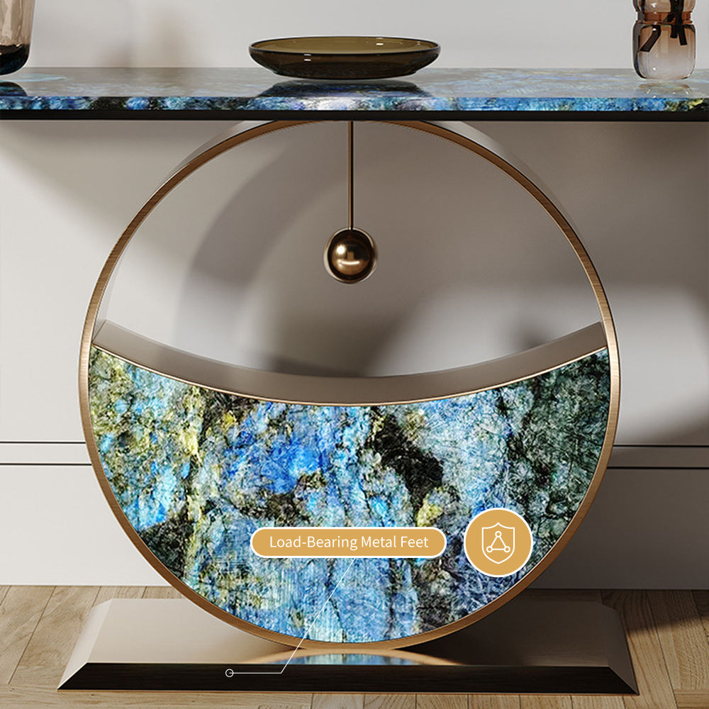 Luxurious Blue & Gold Console Table with Elegant Circular Base