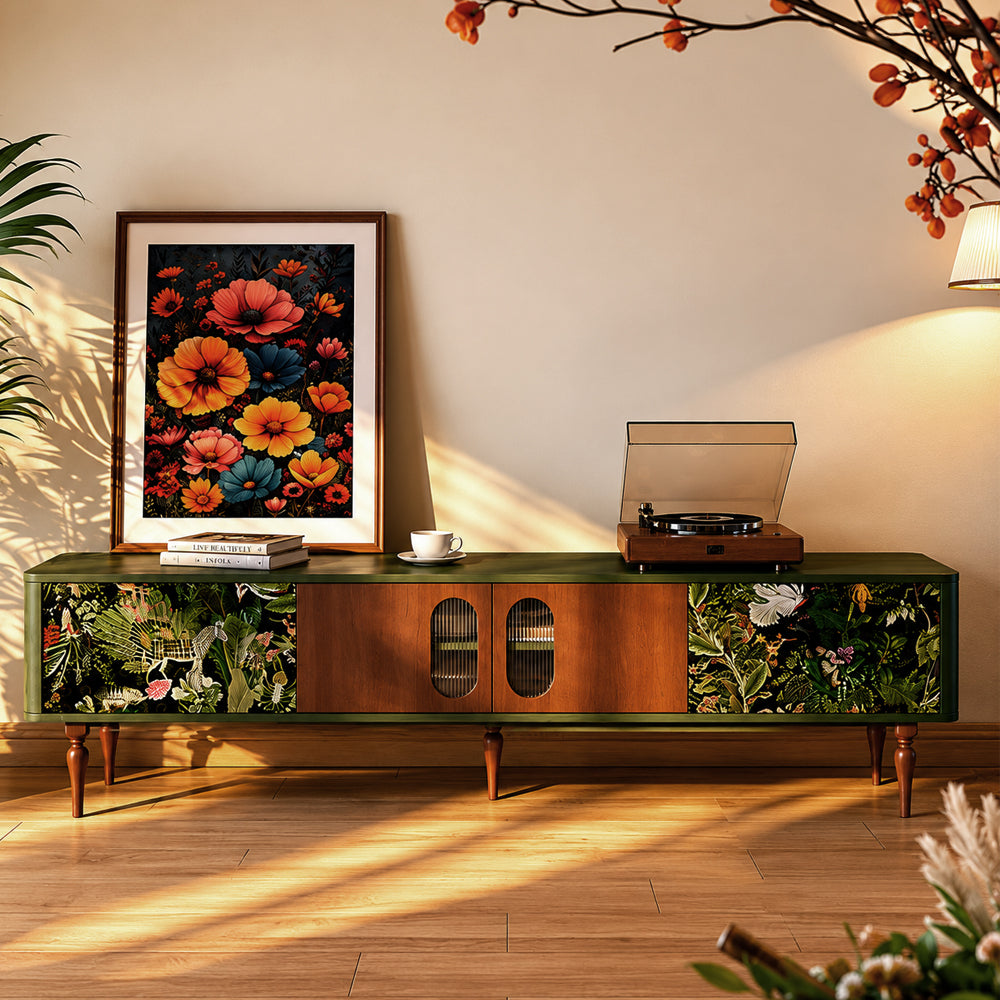 82.6" Jungle Print Mid Century Wood TV Stand
