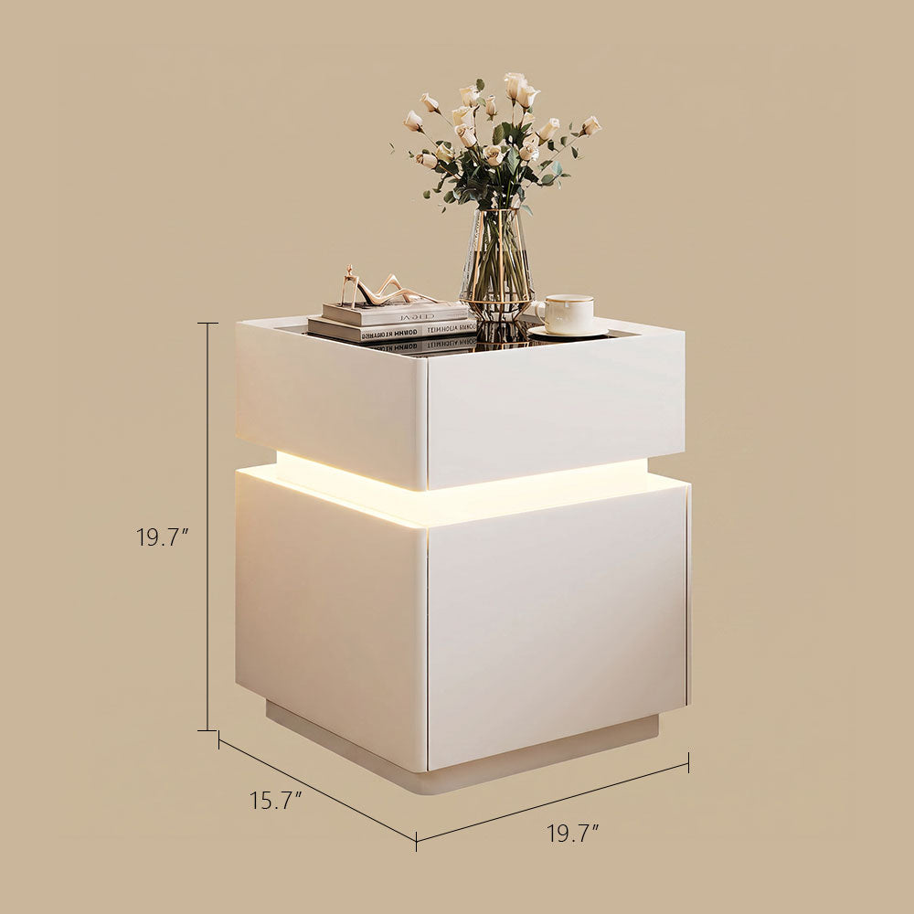 Modern LED Nightstand with Glass Top 2 Drawers Smart Bedside Table High Gloss White Design