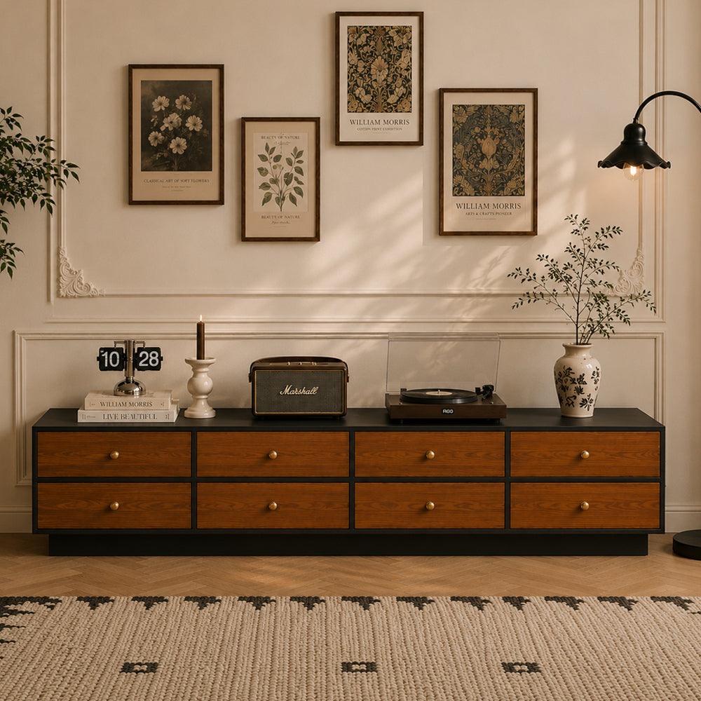 86.6'' Modern Walnut Low Profile TV Stand with Drawers Mid Century Media Console