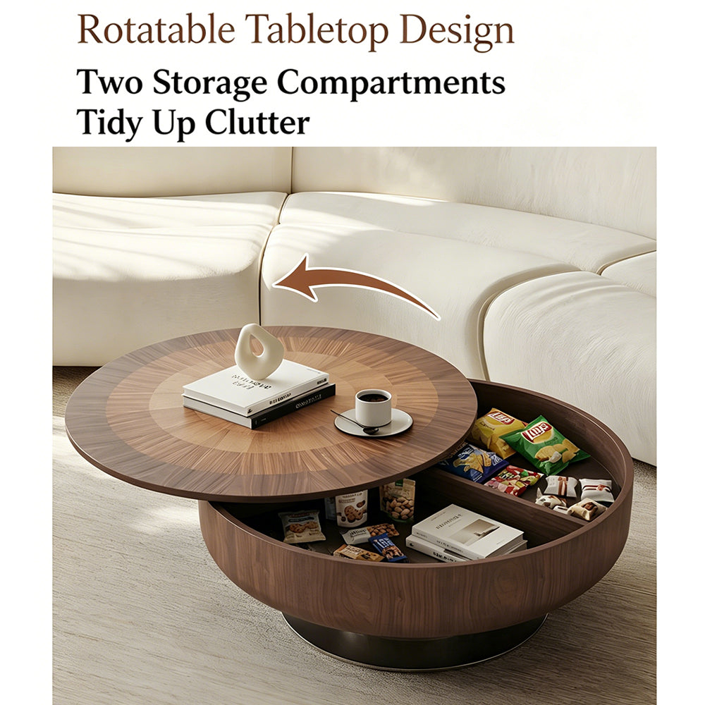 Modern Round Walnut Coffee Table Radial Veneer Design Metal Base