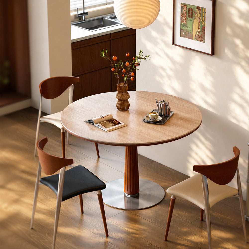 31.49" Modern Round Meeting Table Walnut Wood Veneer Pedestal Base Compact Dining & Conversation Table