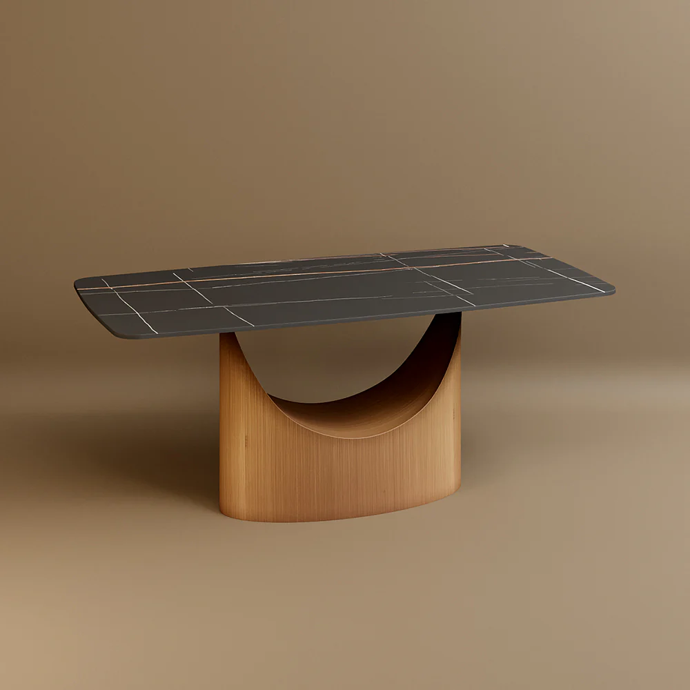 Modern Luxe Dining Set: Matte-Black Sintered Stone Dining Table & Gray-Gold Sideboard Ensemble