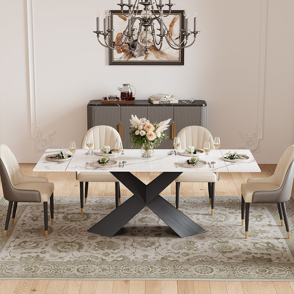 Modern Luxe Dining Suite Elegant White Extendable Table & Gray-Gold Sideboard Set