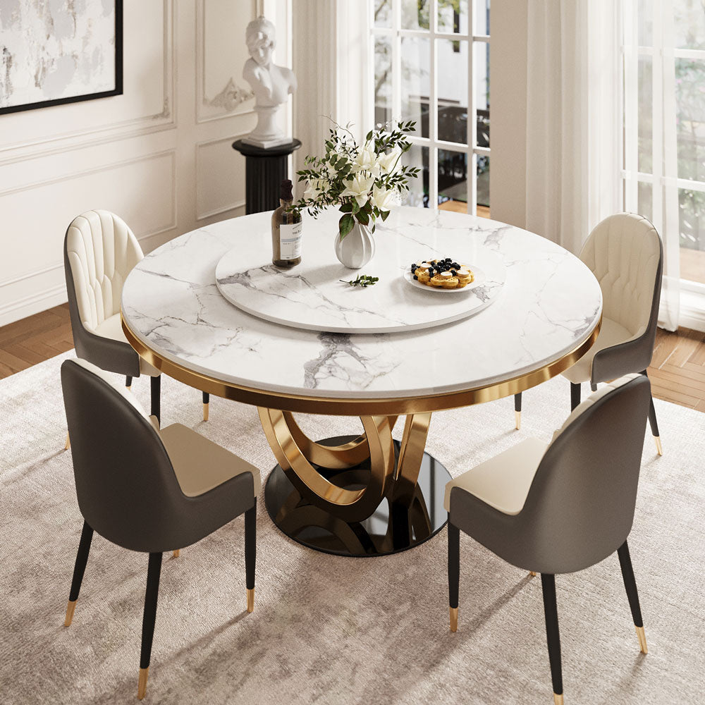 Round Dining Table Lazy Susan Marble Effect Ring Base Gold Accents Perfect for 4-6 People