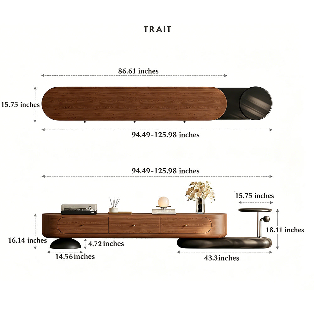 86.6" Modern Walnut TV Stand Curved Edge Media Console Low Profile Entertainment Center