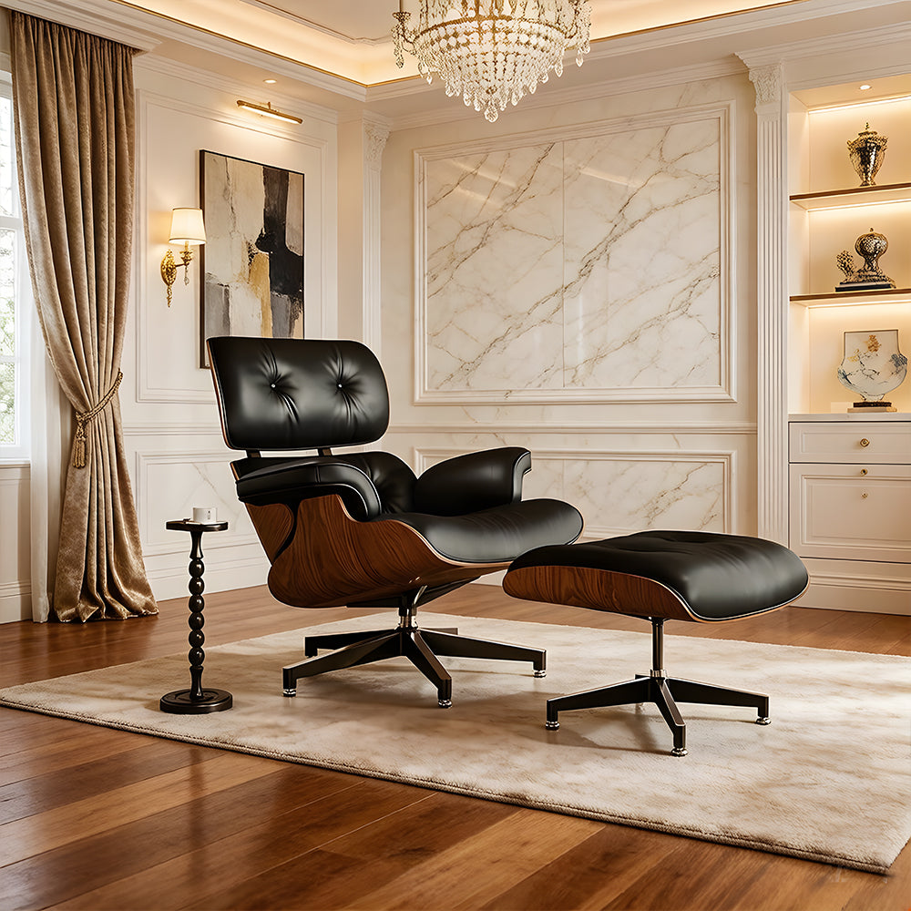 Mid Century Modern Lounge Chair Faux Leather Upholstery Walnut Wood Veneer Recliner Armchair