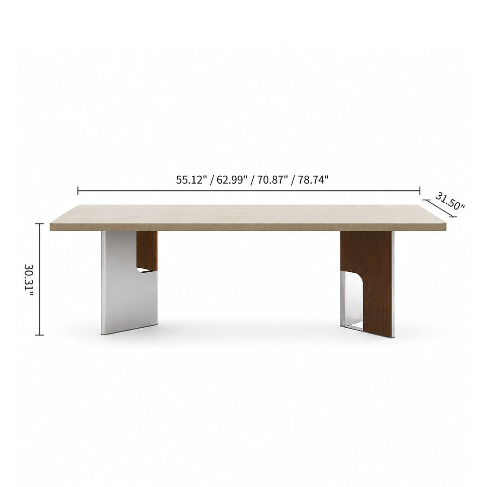 Modern Rectangular Dining Table with Sintered Stone Top and Mixed Wood Metal Base