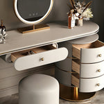 Load image into Gallery viewer, 47.2'' Modern Luxury Vanity Desk with Round Mirror Cream Finish Makeup Table with Storage Drawers and Gold Base with Stool
