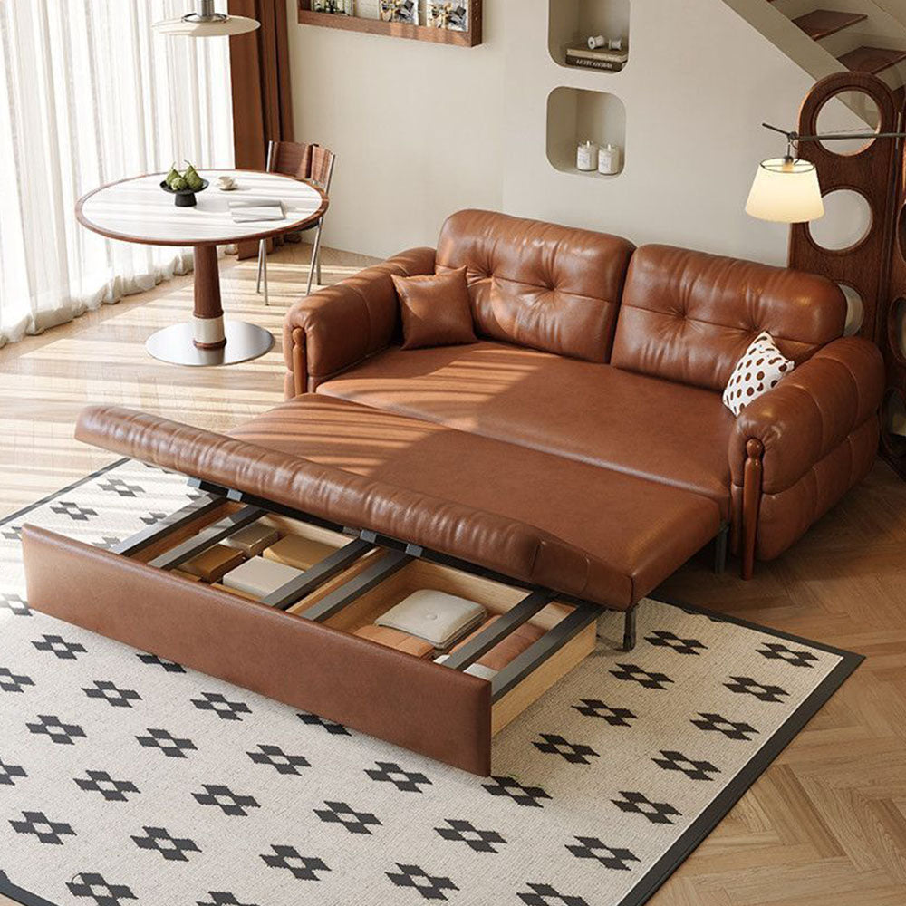 Modern Brown Faux Leather Sofa Bed Pull-Out 2-in-1 Convertible Sleeper Couch
