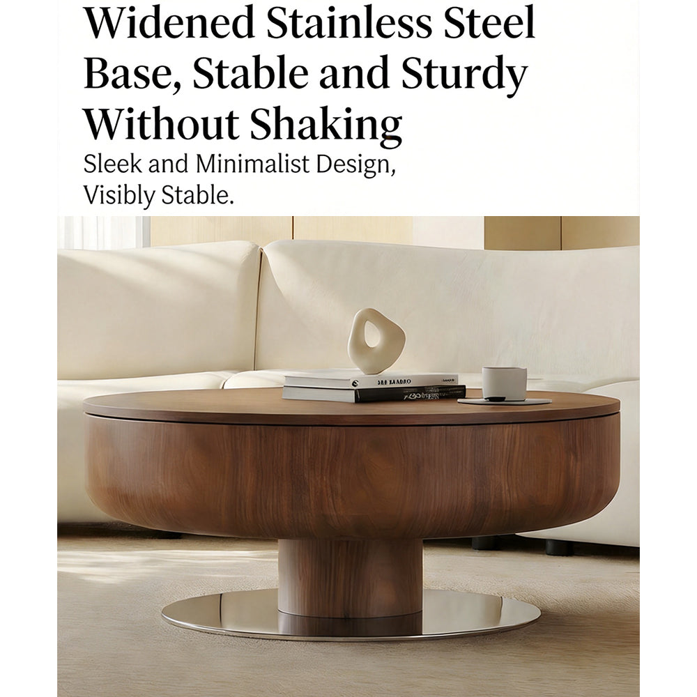 Modern Round Walnut Coffee Table Radial Veneer Design Metal Base