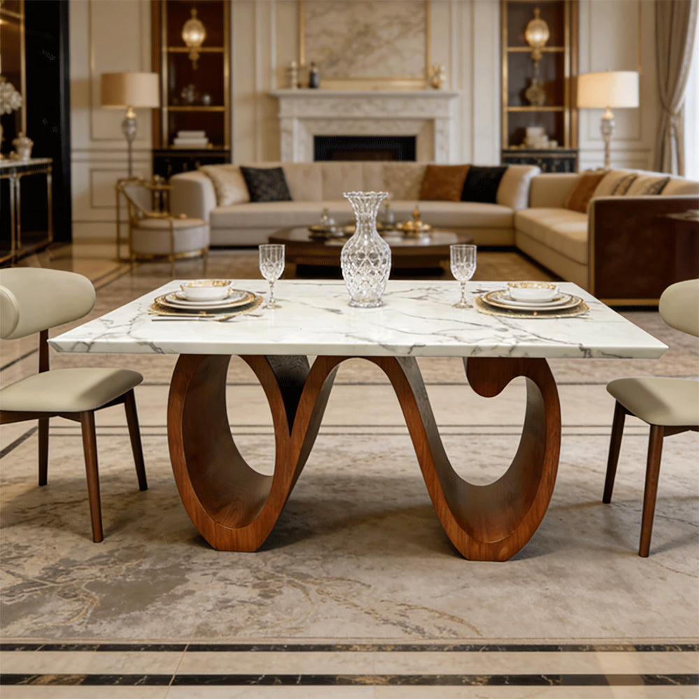 Modern Sintered Stone Dining Table with Sculptural Solid Wood Base Kitchen Table for 6