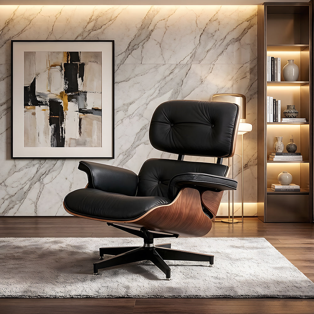 Mid Century Modern Lounge Chair Faux Leather Upholstery Walnut Wood Veneer Recliner Armchair