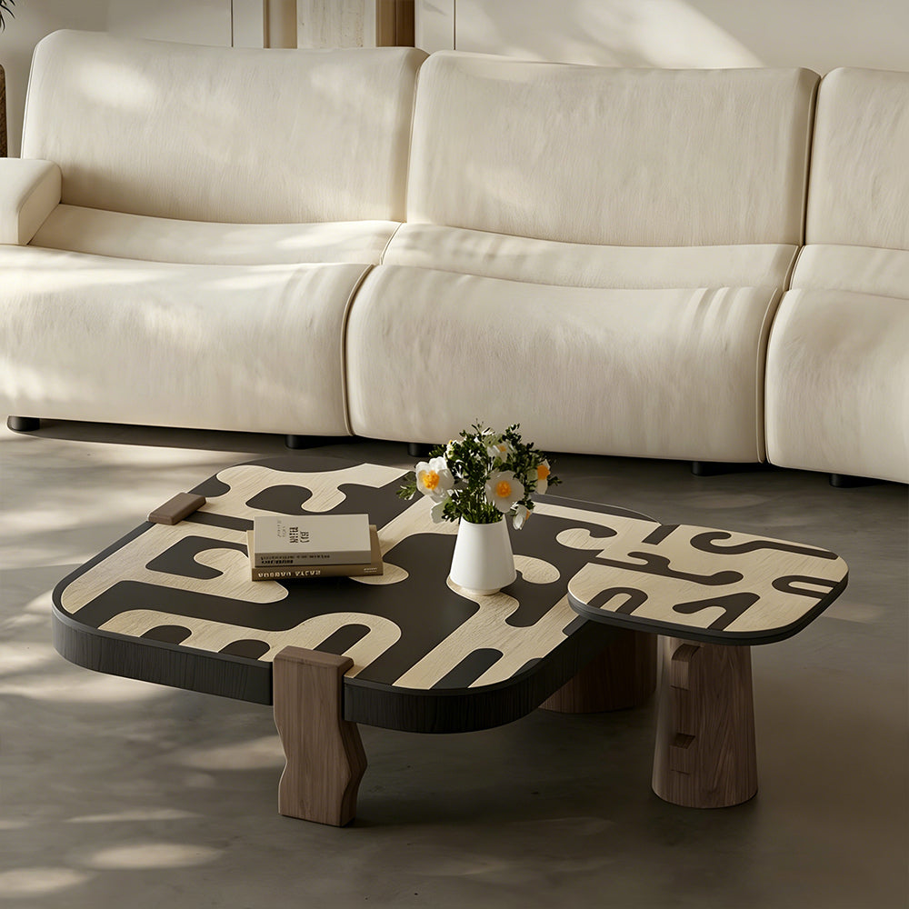 Modern Artistic Coffee Table Abstract Pattern Wood Center Table Irregular Shape Living Room Accent Table