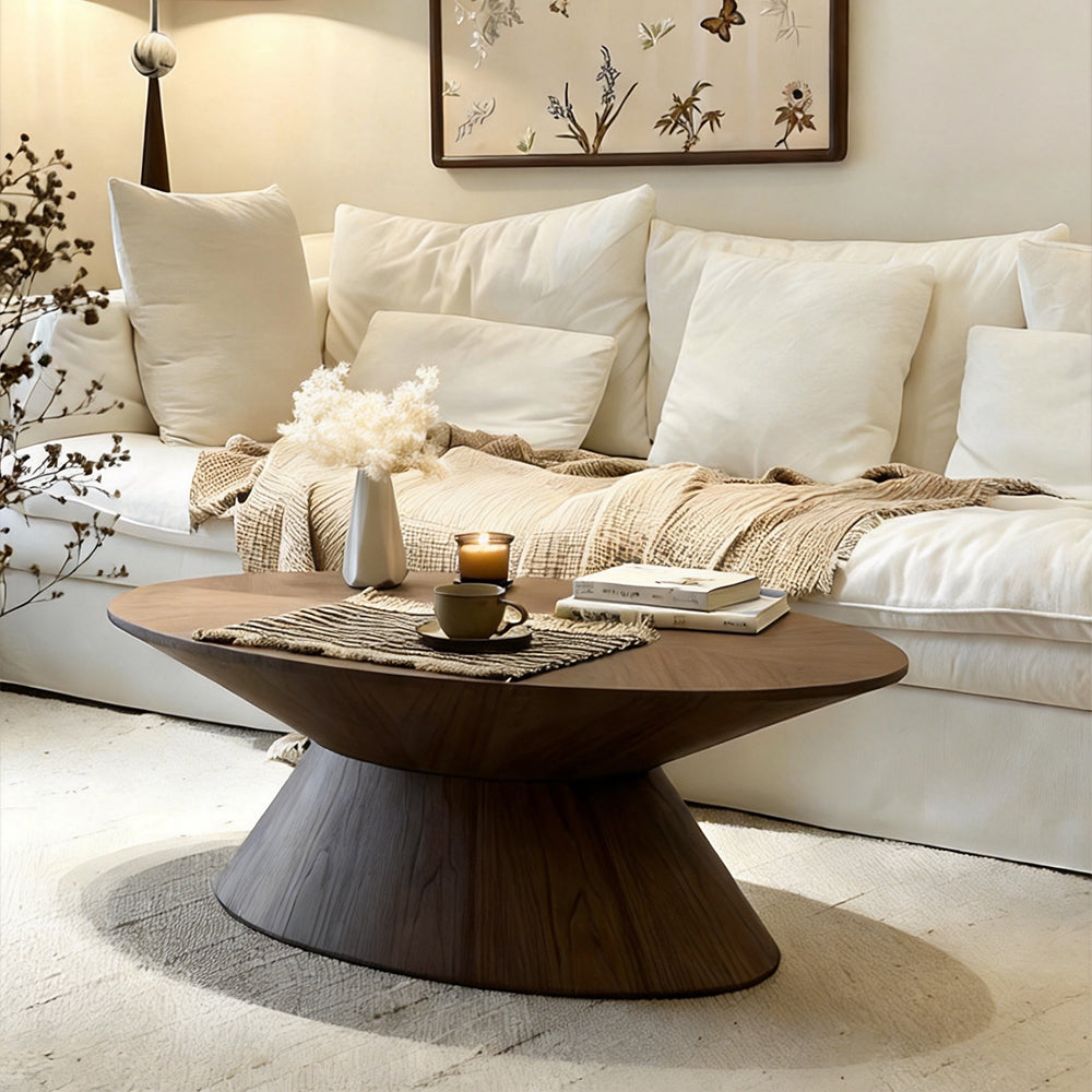 Modern Walnut Round Coffee Table with Pedestal Base Wood Grain Center Table