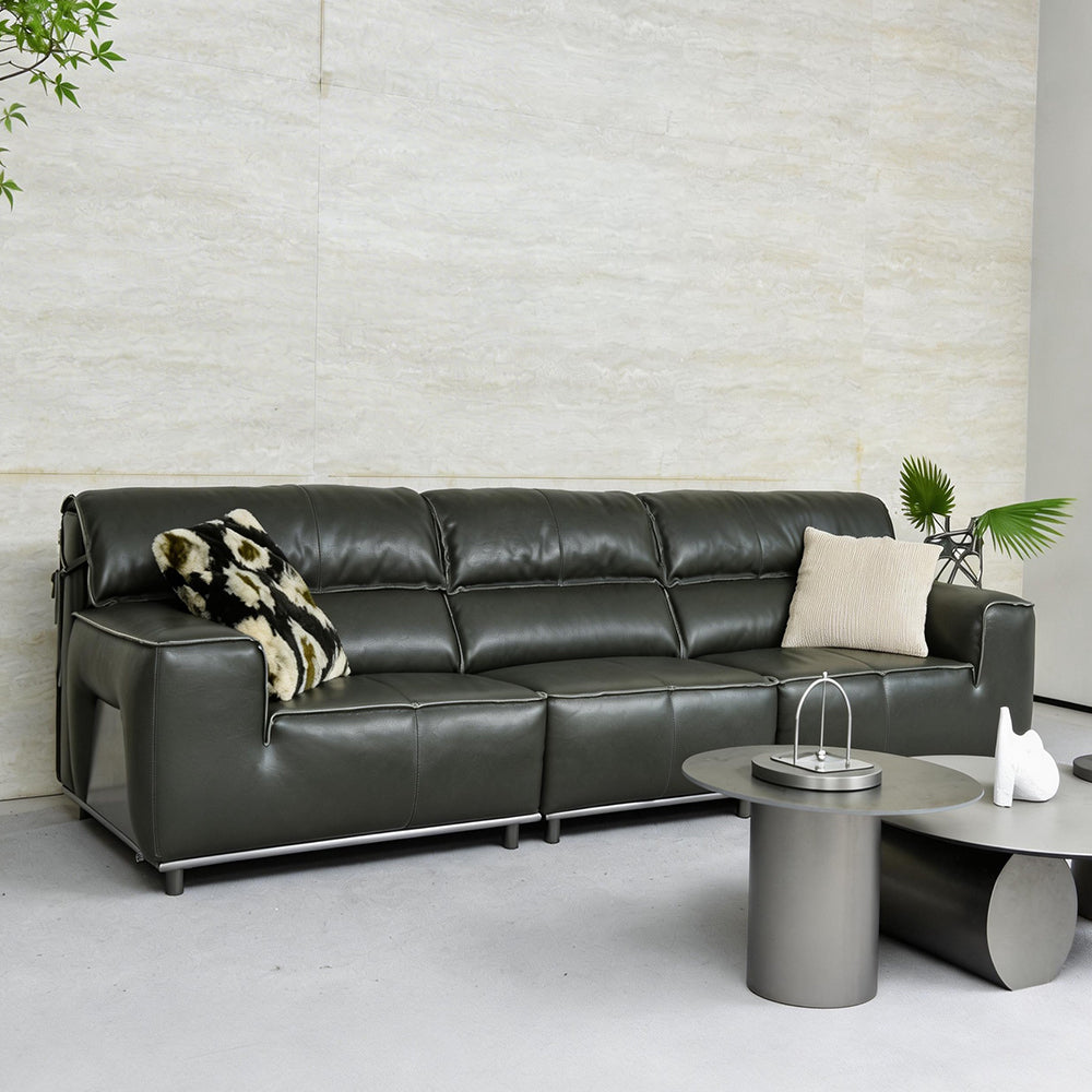 132.28" Modern Minimalist Genuine Leather Sofa Deep Green Upholstered Couch Wide Seat Living Room Sofa with Clean Lines