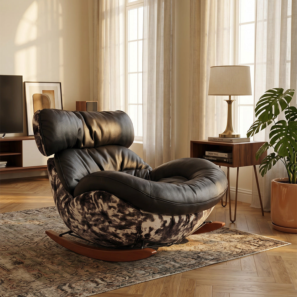 Rocking Lounge Chair with Black Cushions and Abstract Patterned Shell