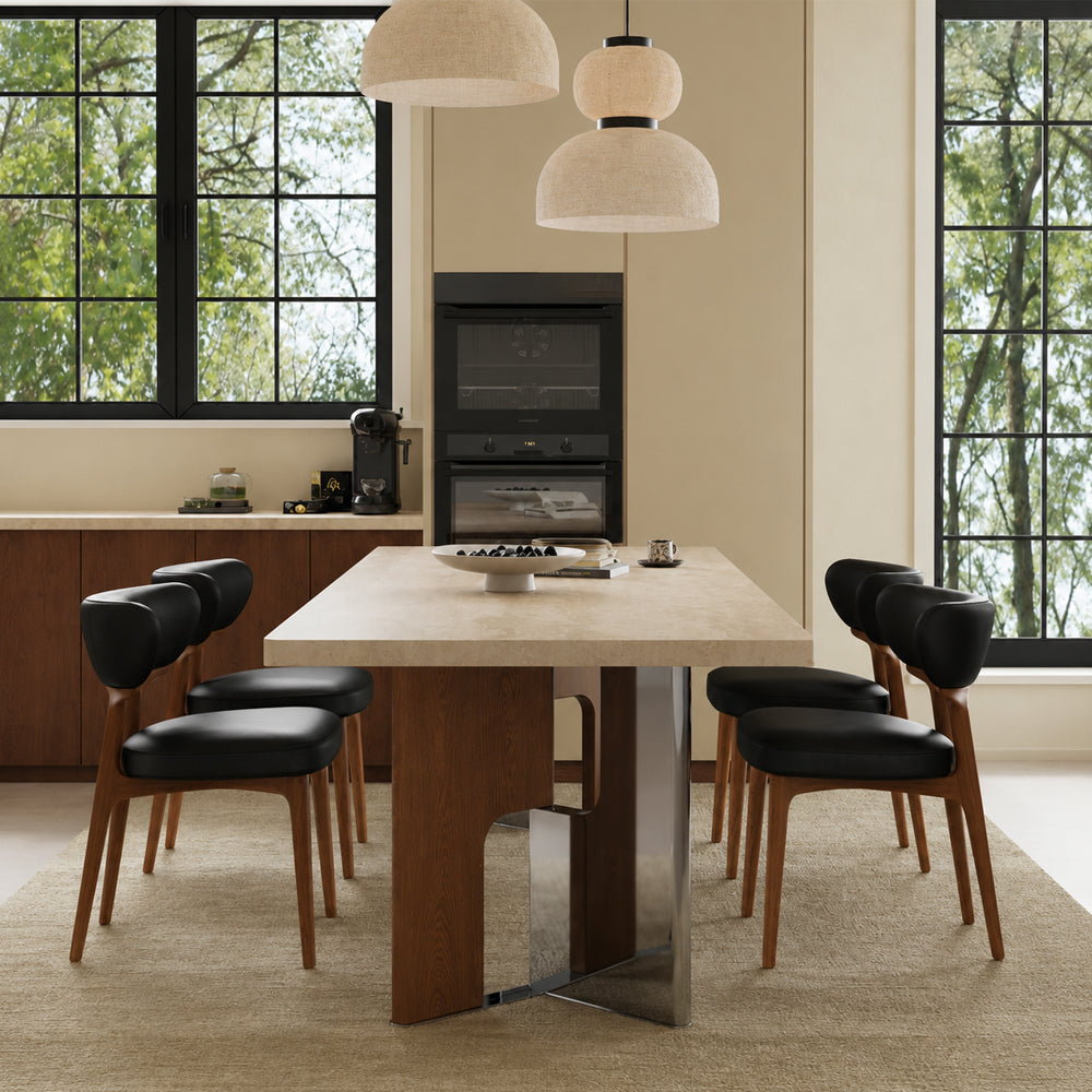 Modern Rectangular Dining Table with Sintered Stone Top and Mixed Wood Metal Base