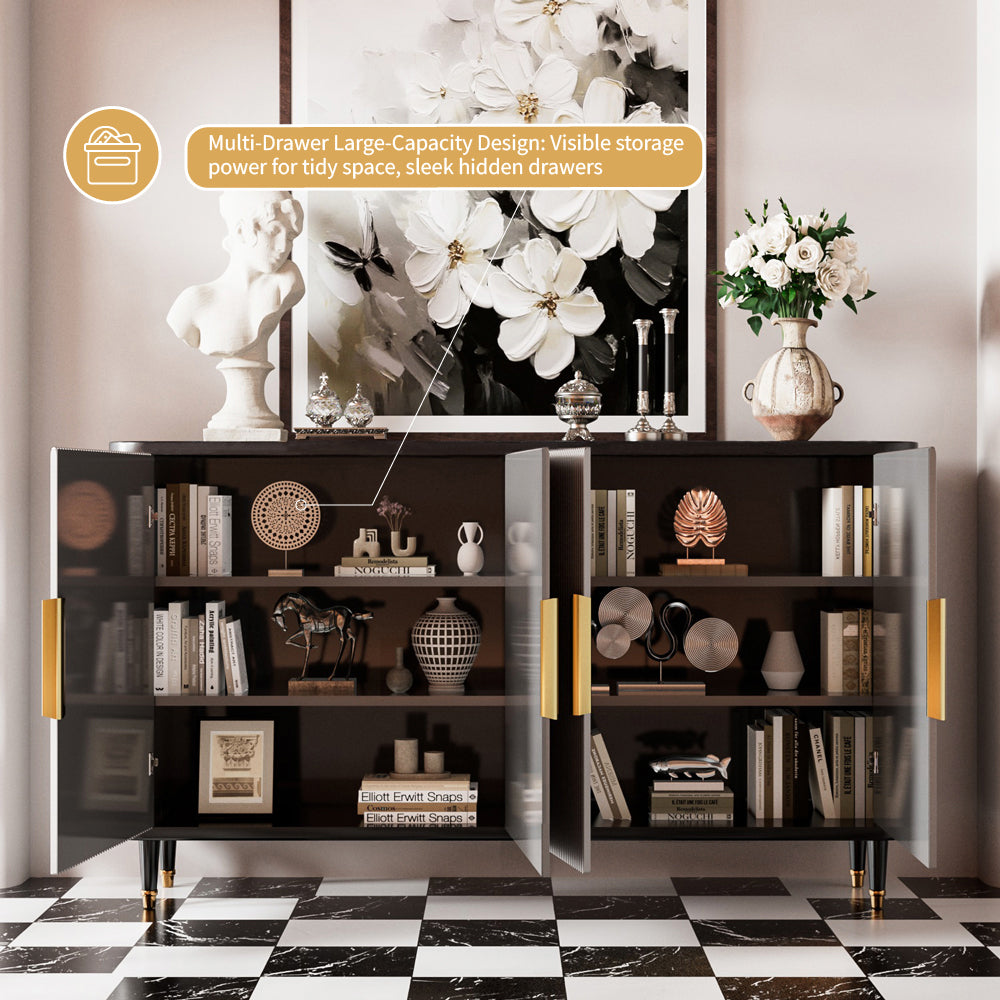 59'' Modern Luxury Elegant Gray and Gold Sideboard with Shelves