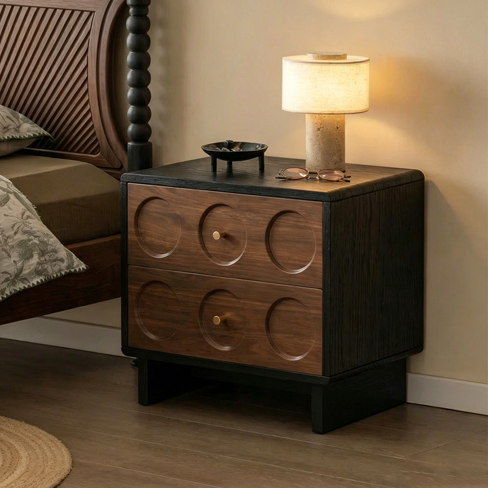 Mid Century Modern Walnut Nightstand with Geometric Drawer Design