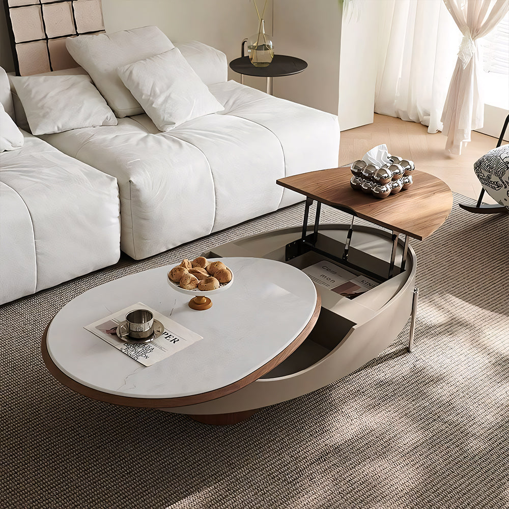 46.8'' Modern Lift-Top Coffee Table with Sintered Stone Top & Wood Base Sculptural Curved Design with Hidden Storage