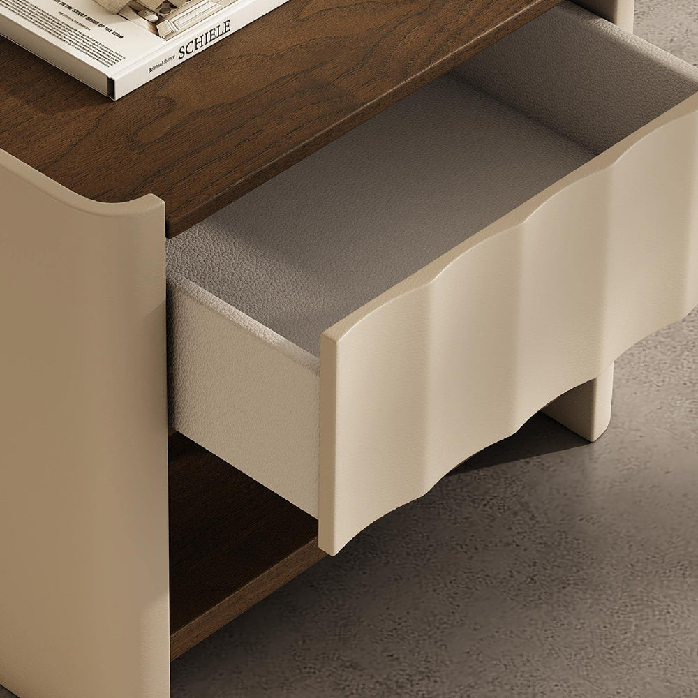 Modern Minimalist Nightstand with Soft Leather Finish and Walnut Top Drawer Bedside Table