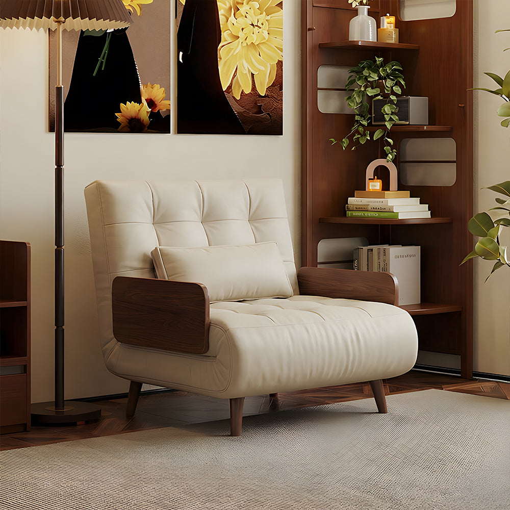 Modern Faux Leather Sofa Bed Convertible Sleeper Couch with Wood Armrests Tufted Design