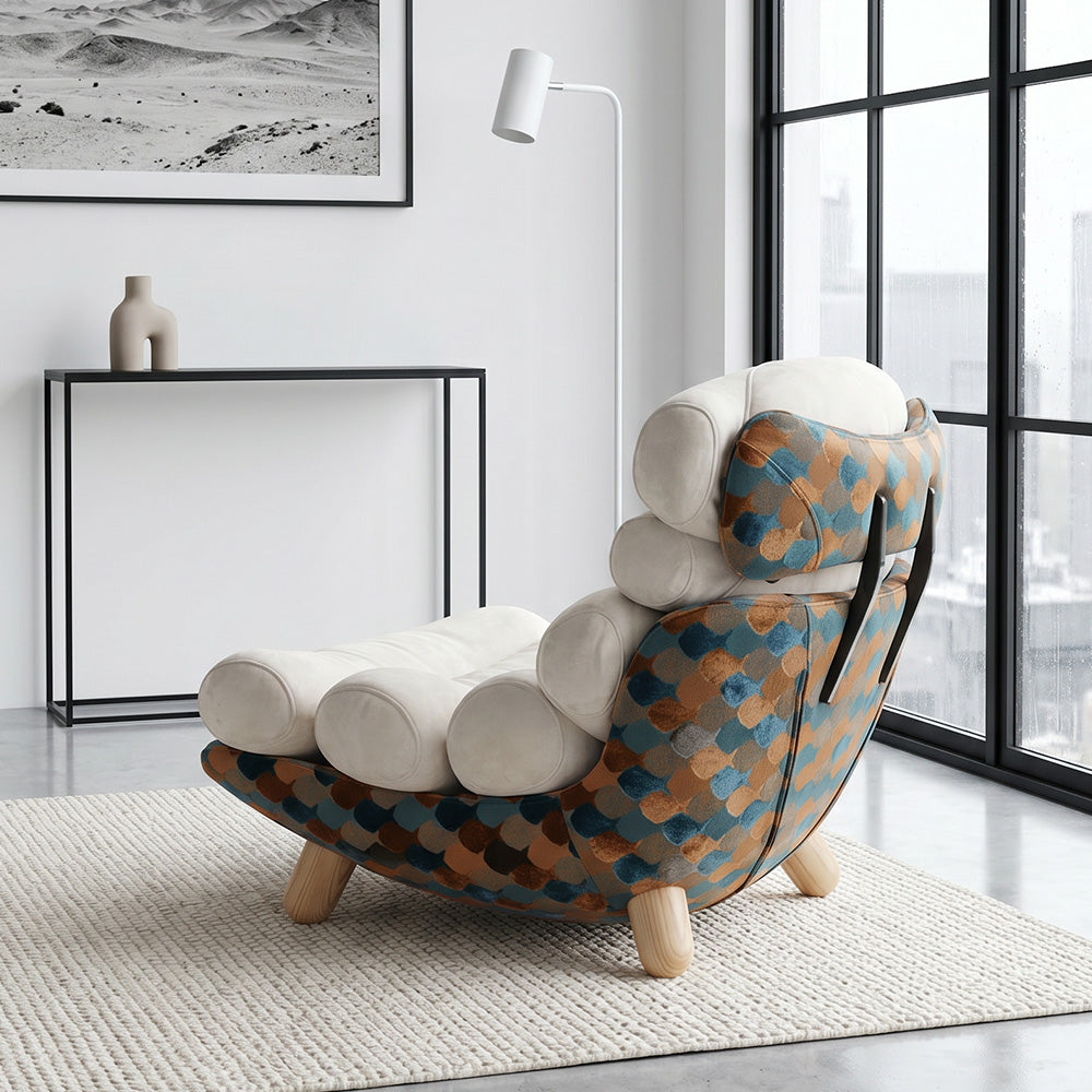 Modern Sculptural Lounge Chair with Plush Cushion and Solid Wood Legs