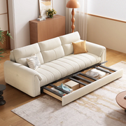 Modern convertible sofa bed with soft velvet upholstery and built-in storage drawer under solid wood frame