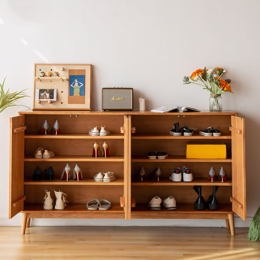 62.9" Modern Solid Wood Shoe Cabinet with Fluted Front Panels Scandinavian Style Entryway Storage Sideboard