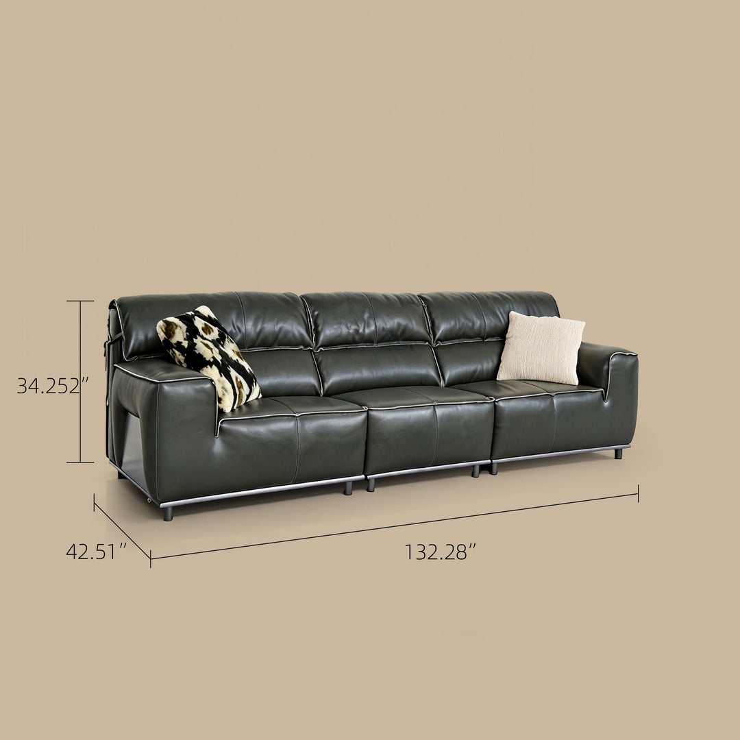 132.28" Modern Minimalist Genuine Leather Sofa Deep Green Upholstered Couch Wide Seat Living Room Sofa with Clean Lines